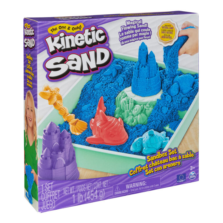 Kinetic Sand Sandbox Set, 1lb Blue Play Sand, Sandbox Storage, 4 Molds and Tools, Sensory Toys