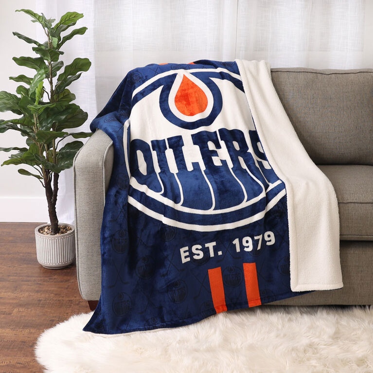Couverture en polaire Sherpa à motif sportif des Oilers de Edmonton de la LNH(50 x 60)