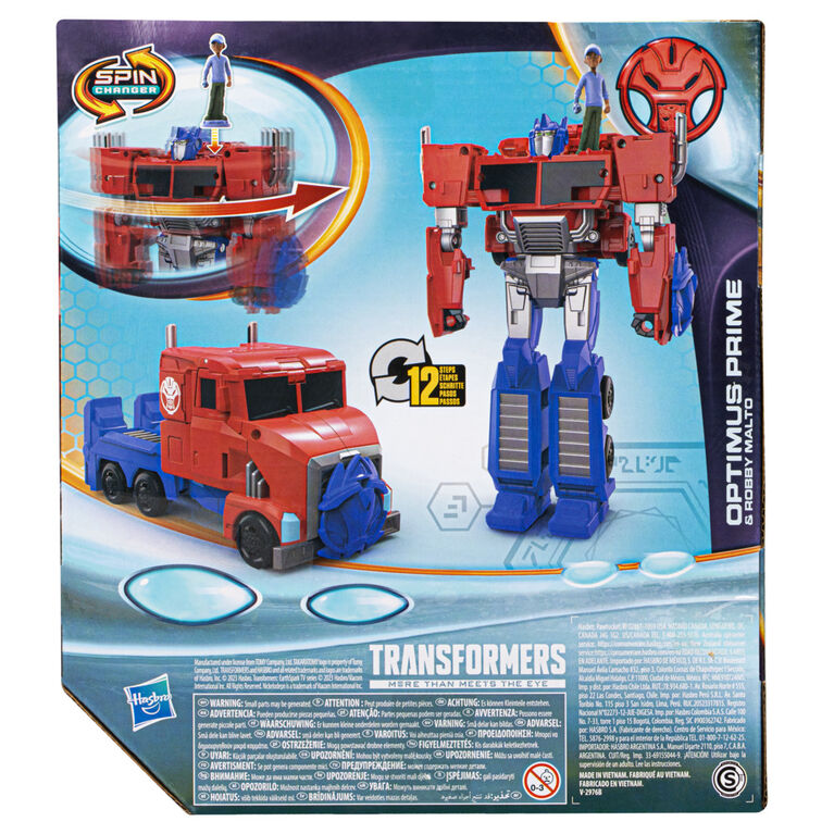 Transformers Toys EarthSpark Spin Changer Optimus Prime 8-Inch Action Figure with Robby Malto 2-Inch Figure