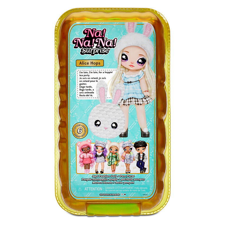 Poupée-mannequin Na Na Na Surprise 2 en 1 et sac à main métallique de la série Glam - Alice Hops, poupée blonde avec robe bleu chatoyante et oreilles de lapin avec le sac à main lapin blanc