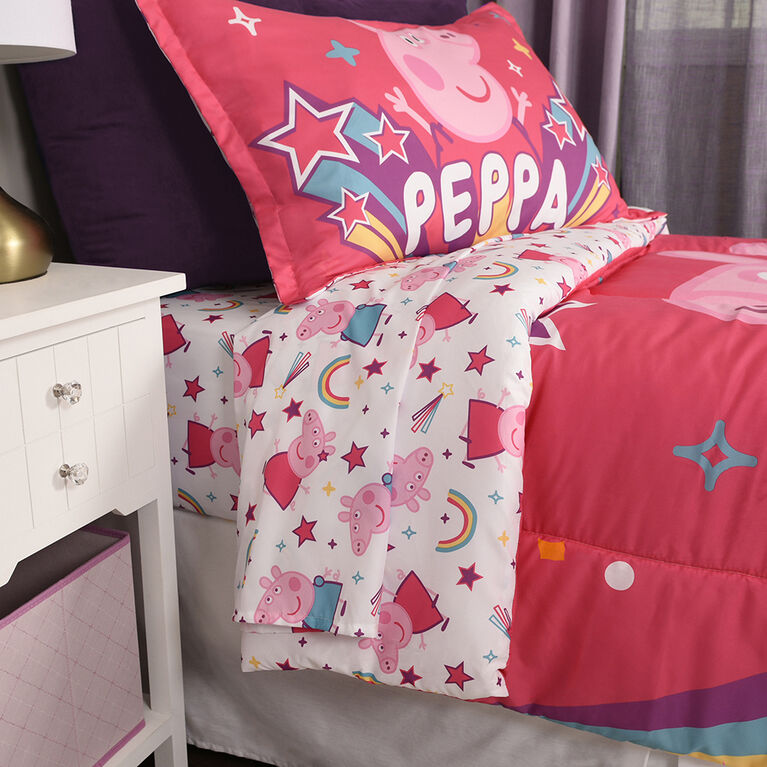 Ensemble de 4 pièces de literie Peppa Pig avec couette réversible, drap-housse, drap plat et taie d'oreiller par Nemcor