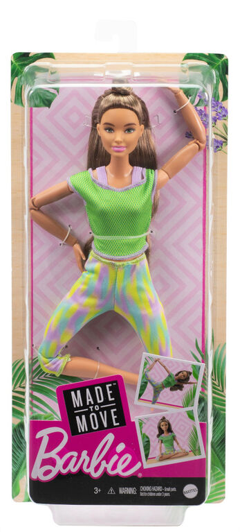 Poupée Barbie Fitness avec 22 Points d'Articulation, aux Longs Cheveux Bruns Ondulés et Portant une Tenue de Sport