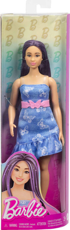 Barbie Fashionistas Doll #231 in Denim Butterfly Dress with Pink Belt, Purple Hair