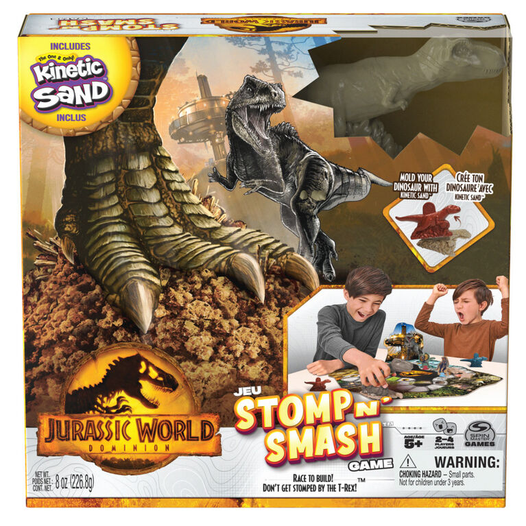 Jurassic World Dominion, Jeu de société sensoriel Stomp N' Smash sur le thème des dinosaures, avec sable Kinetic Sand