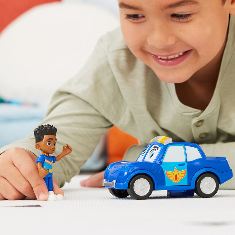 Disney Junior Firebuds, Jayden et Piston, figurine articulée et véhicule de police avec mouvement des yeux interactif
