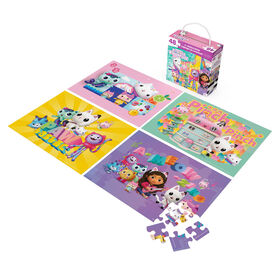 Gabby's Dollhouse, Coffret de 4 puzzles de 48 pi&egrave;ces faciles &agrave; assembler, s&eacute;rie originale Netflix, avec bo&icirc;te cadeau portable &agrave; poign&eacute;e en corde