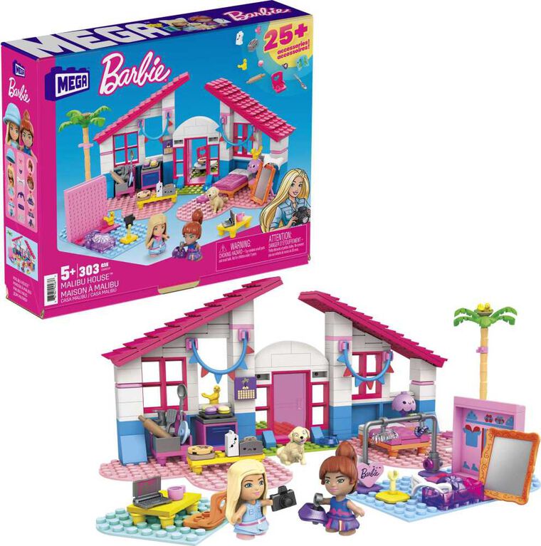 MEGA Barbie Building Toy Kit Malibu Dream House with 2 Micro-Dolls (303 Pieces)