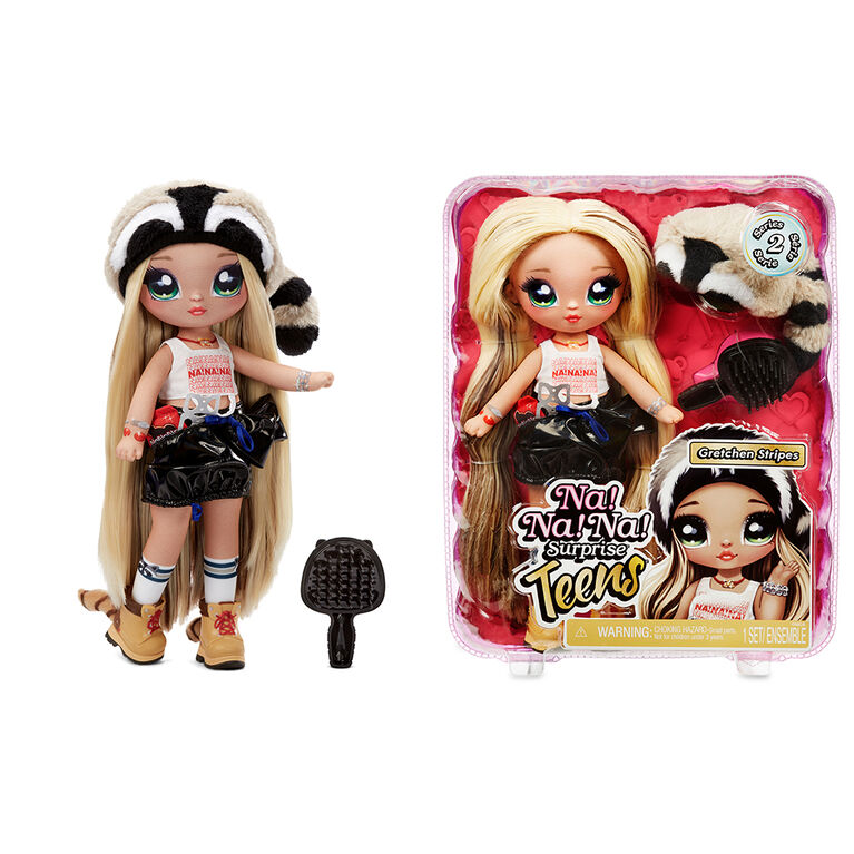 Poupée-mannequin Na Na Na Surprise Teens - Gretchen Stripes, poupée en tissu doux de 11 po (28 cm), blonde, inspirée d'un raton laveur