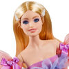 Poupée Barbie Voeux d'anniversaire, de 29,2 cm (13 po), vêtue d'une robe volantée, avec support pour poupée et certificat d'authenticité