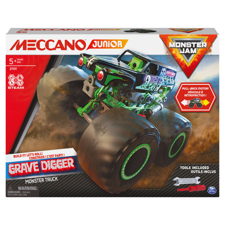 Meccano Junior, Official Monster Jam Grave Digger Monster Truck STEM Model Building Kit with Pull-back Motor