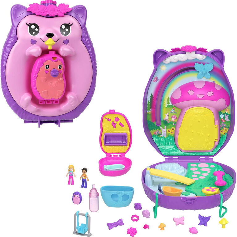 Polly Pocket Hedgehog Mom & Baby Purse Playset with 2 Dolls & 16 Accessories Including Pets