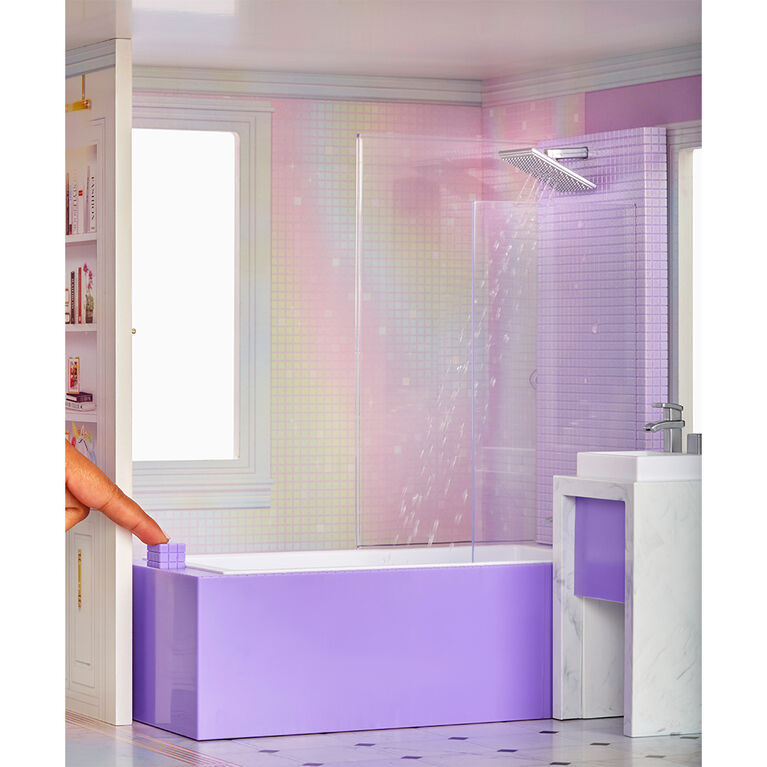 Jeu de maison Rainbow High - maison à 3 étages en bois pour poupée (mesurant 4 pi (1,21 m) de haut et 3 pieds (0,91 m) de large), entièrement meublée avec bain à remous, douche, évier, ascenseur fonctionnels et 50+ accessoires