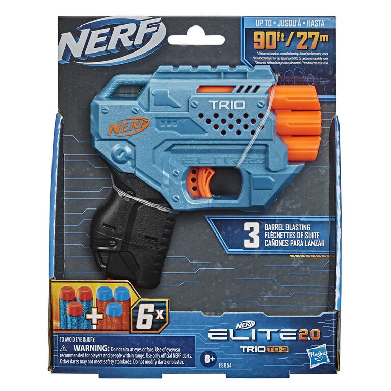 Nerf Élite blaster 2,0 Trio SD-3, inclut 6 fléchettes officielles Nerf, 3 canons, rail tactique pour personnaliser son blaster