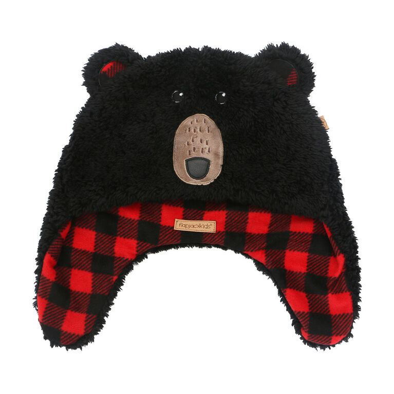 FlapJackKids - Bonnet en polaire Sherpa réversible pour bébé, enfant en bas âge, enfant, garçon - Double épaisseur - Ours noir / aviateur - Grand 4-6 ans