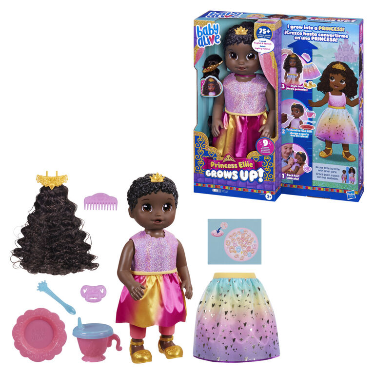 Baby Alive Poupée Princesse Ellie grandit !, cheveux noirs