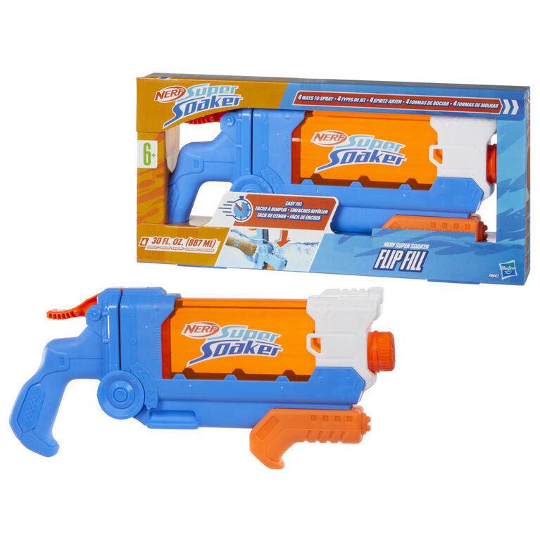 Nerf Super Soaker Flip Fill Water Blaster, 4 Spray Styles, Fast Fill, 30 Fluid Ounce Tank, Water Toys