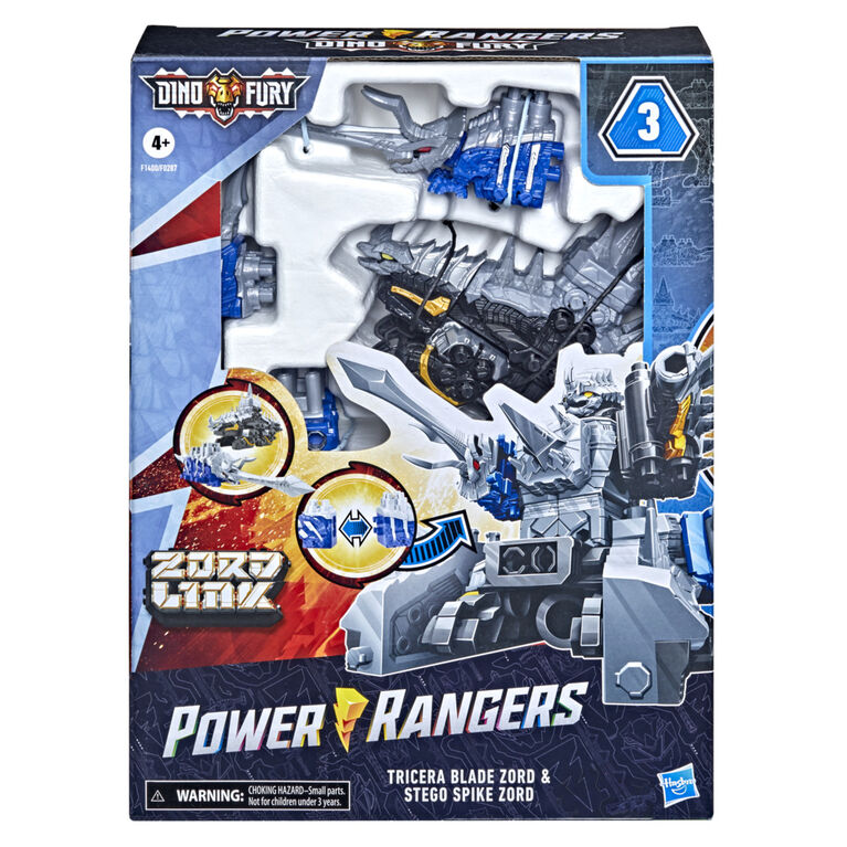Power Rangers Dino Fury Blue Tricera Blade and Black Stego Spike Zord, Zord Link Mix-and-Match Custom Build System