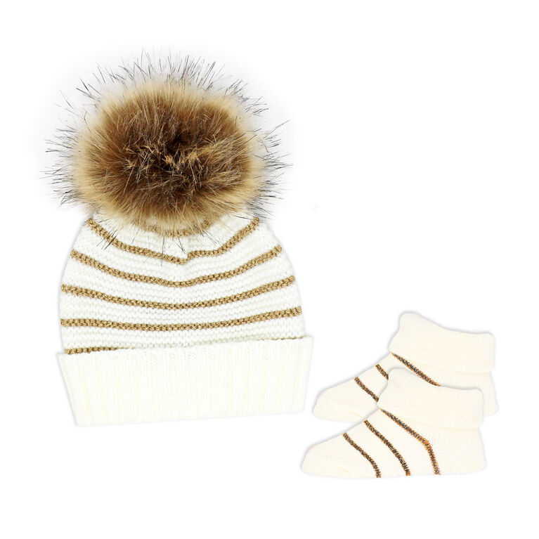 Baby Mode Ivory Knit Hat & Bootie Set 0-6M