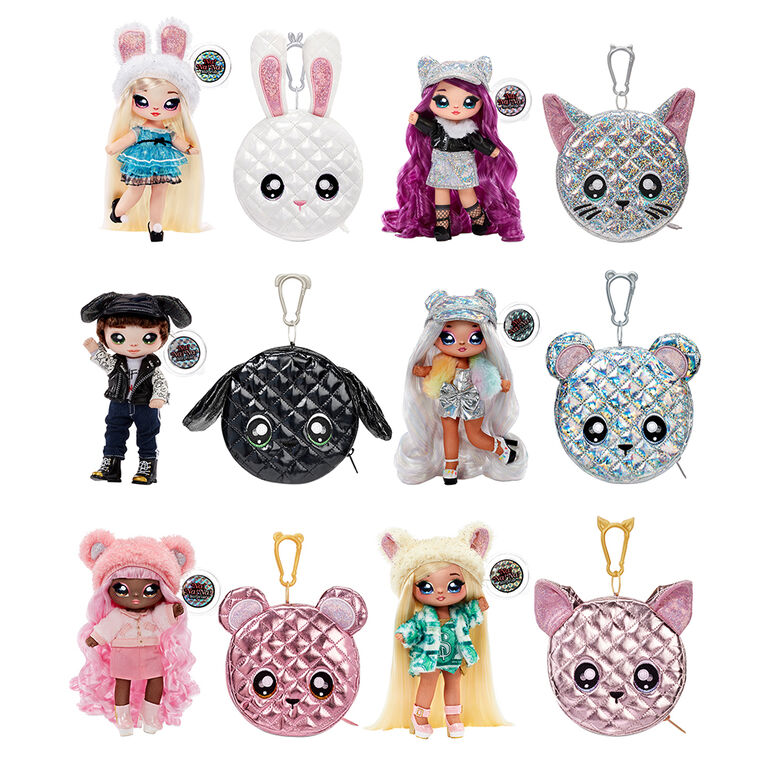 Na Na Na Surprise 2-in-1 Fashion Doll and Metallic Purse Glam Series - Cali Grizzly, Pink Hair Doll with Pink Bear Purse