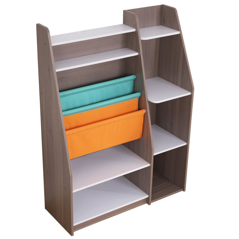 Bibliothèque en bois avec pochettes de rangement, meubles pour enfants - Gris cendré