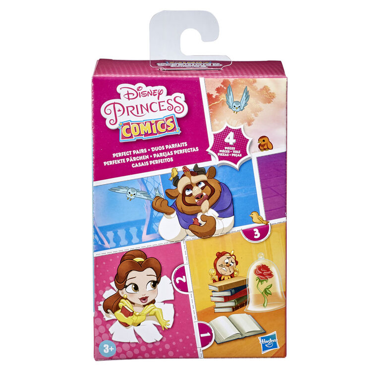 Disney Princess Comics, Duos parfaits Belle, jouet La Belle et la Bête à déballer, inclut 2 poupées, boîte-présentoir et support