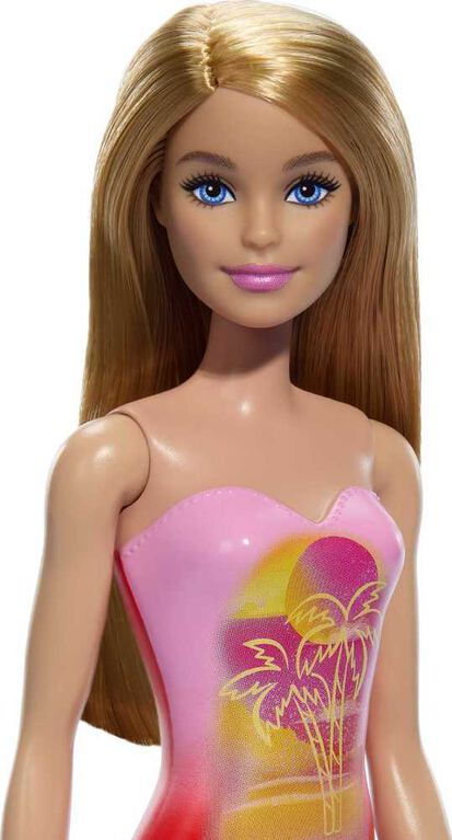 Barbie - Poupée Plage - Cheveux blonds, maillot rose à imprimé palmiers