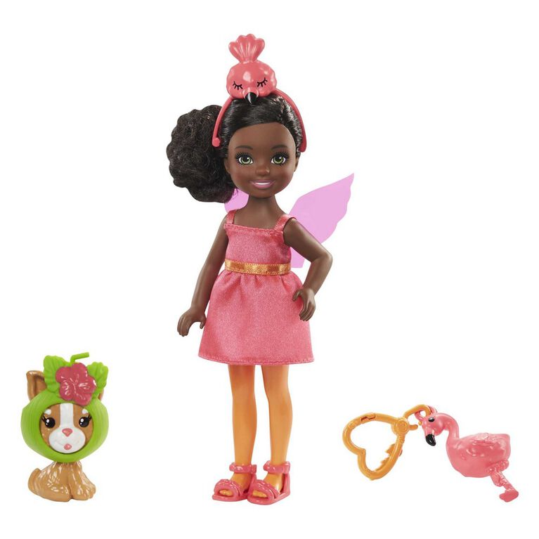 Barbie Club Chelsea Dress-Up Doll in Flamingo Costume, 6-inch Brunette with Pet Kitten and Accessories