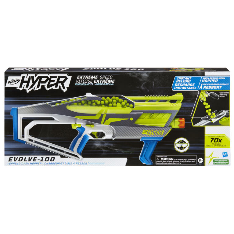 Nerf Hyper, blaster Evolve-100, 70 billes en mousse Nerf Hyper, chargeur-trémie à chargement instantané, jusqu'à 33,5 m/s, lunettes incluses