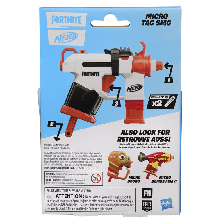 Nerf Fortnite Micro Tac SMG Mini Dart-Firing Blaster, Fortnite Tac SMG Equipment Design, Includes 2 Official Nerf Elite Darts