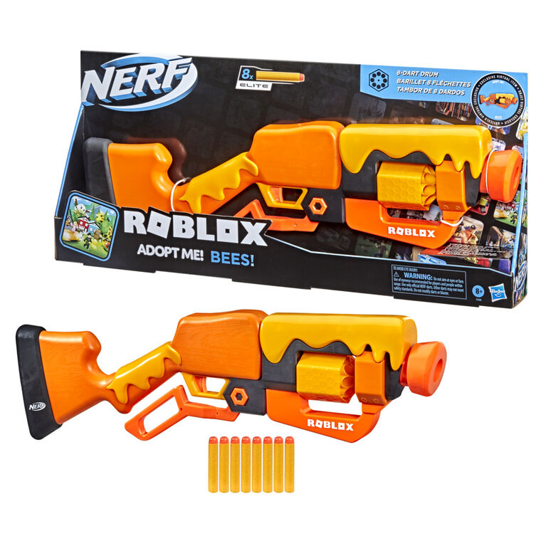 Nerf Roblox Adopt Me!: BEES! Lever Action Dart Blaster, Rotating 8-Dart Drum, 8 Nerf Elite Darts, Code To Unlock In-Game Virtual Item