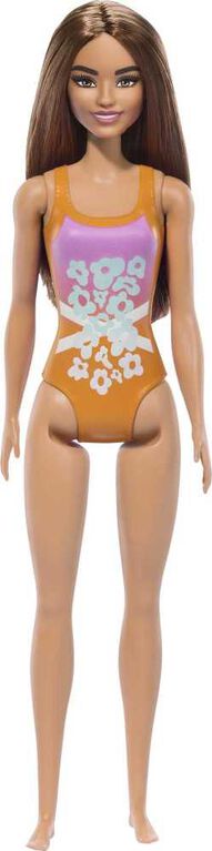 Beach Barbie Doll with Light Brown Hair Wearing Tropical Pink and Orange Swimsuit