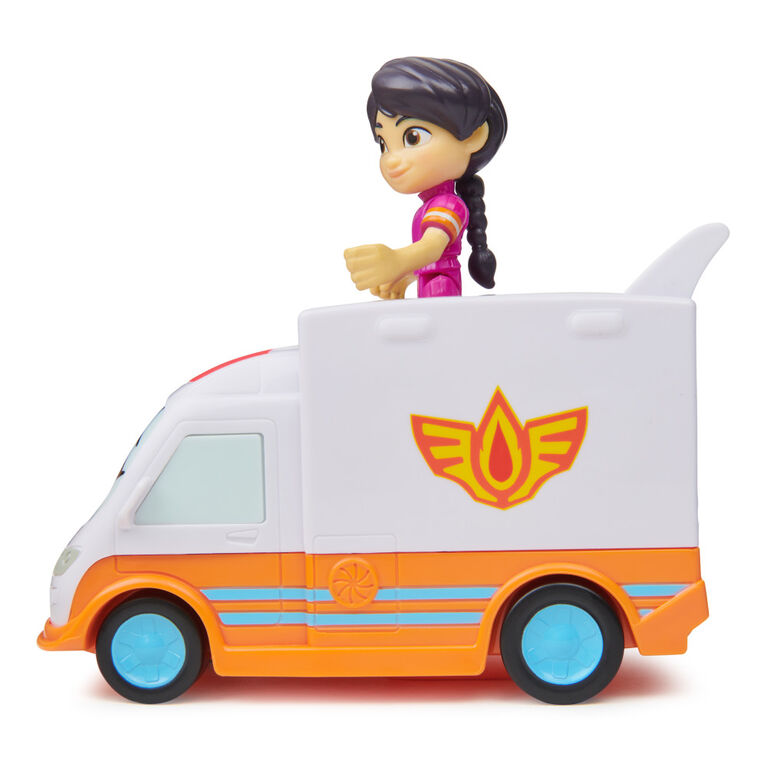 Disney Junior Firebuds, Violette et Axelle, figurine articulée et ambulance avec mouvement des yeux interactif