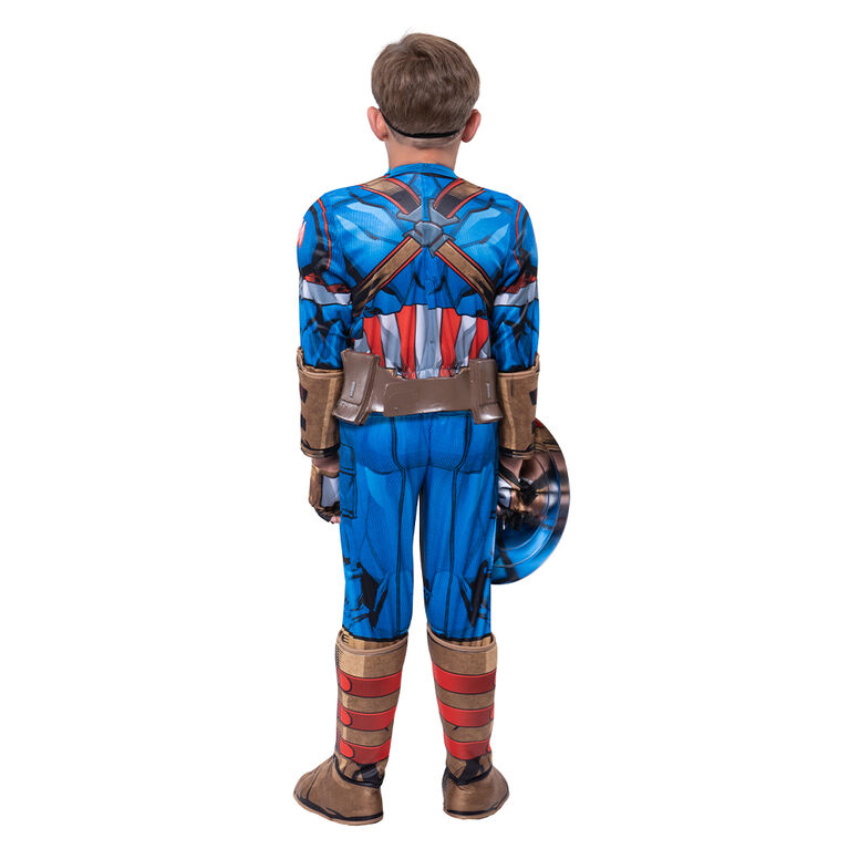 Marvel's Captain America Deluxe Youth Costume Taille Petit - Combinaison Musculaire Avec Motif Imprimé Et Rembourrage En Polyfill Plus Casque 3D, Gants Et Bouclier