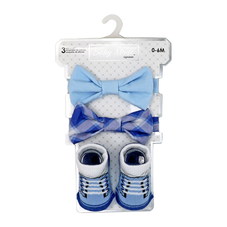 Baby Mode Signature Ensemble 3 pièces avec nœud papillon et chaussettes garçon : carreaux bleus
