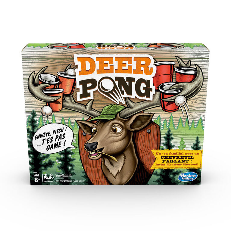 Deer Pong Game, Features Talking Deer Head and Music, Includes 6 Party Cups And 6 Balls (French Version)