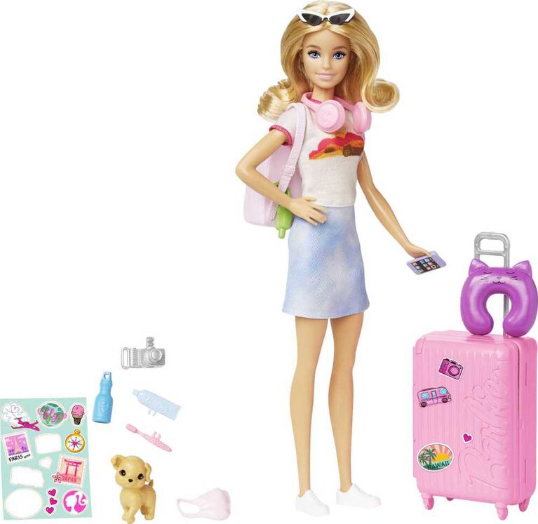 Barbie Doll and Accessories, "Malibu" Travel Set with Puppy and 10+ Pieces Including Working Suitcase