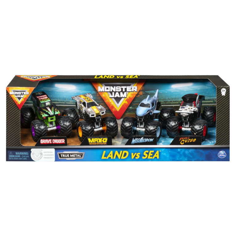 Monster Jam, Land vs. Sea 4 Pack (Grave Digger, Max-D, Megalodon, and Pirate's), 1:64 Scale Die-Cast Vehicles