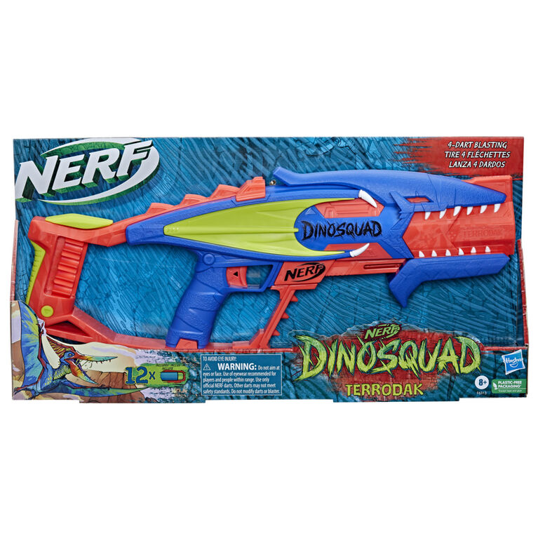 Nerf DinoSquad Terrodak, tire 4 fléchettes, rangement pour fléchettes, 12 fléchettes Nerf Elite, blaster Nerf en forme de dinosaure, jeu d'extérieur pour enfants