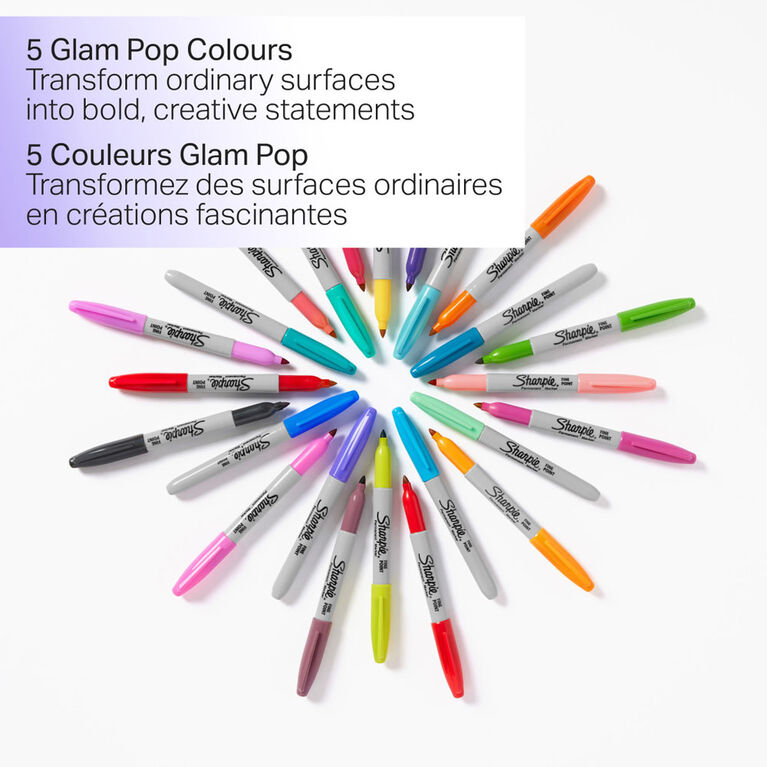 Marqueurs permanents Sharpie Glam Pop, pointe fine, couleurs assorties, 5 unités