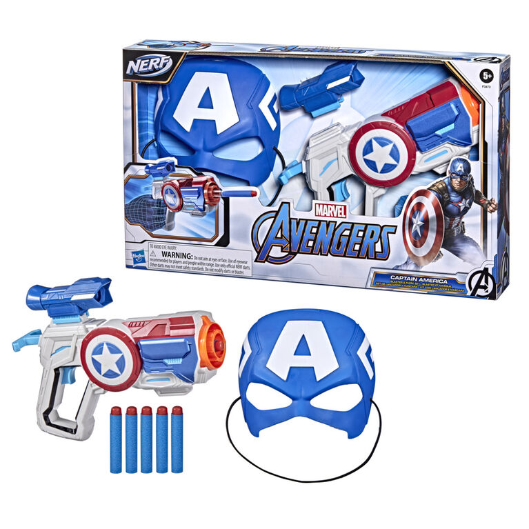 Marvel Avengers, blaster et masque de Captain America, inclut blaster, 6 fléchettes et masque de Captain America, dès 5 ans