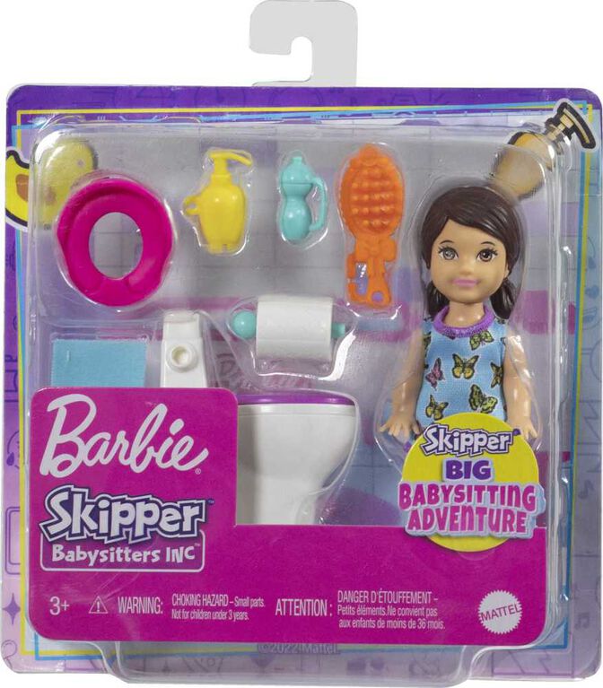 Barbie Small Doll and Accessories, Babysitters, Inc. Set with Toilet and 5 Pieces