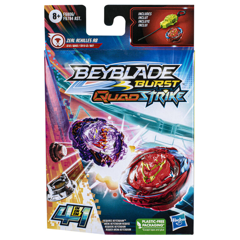 Beyblade Burst QuadStrike, Starter Pack avec toupie de compétition Zeal Achilles A8 type défense/équilibre et lanceur