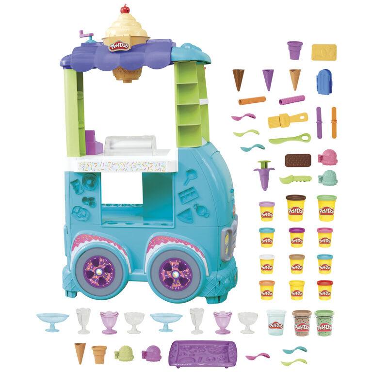 Play-Doh Kitchen Creations, Super camion de glace géant, inclut 37 accessoires, 14 pots de pâte à modeler, sons réalistes
