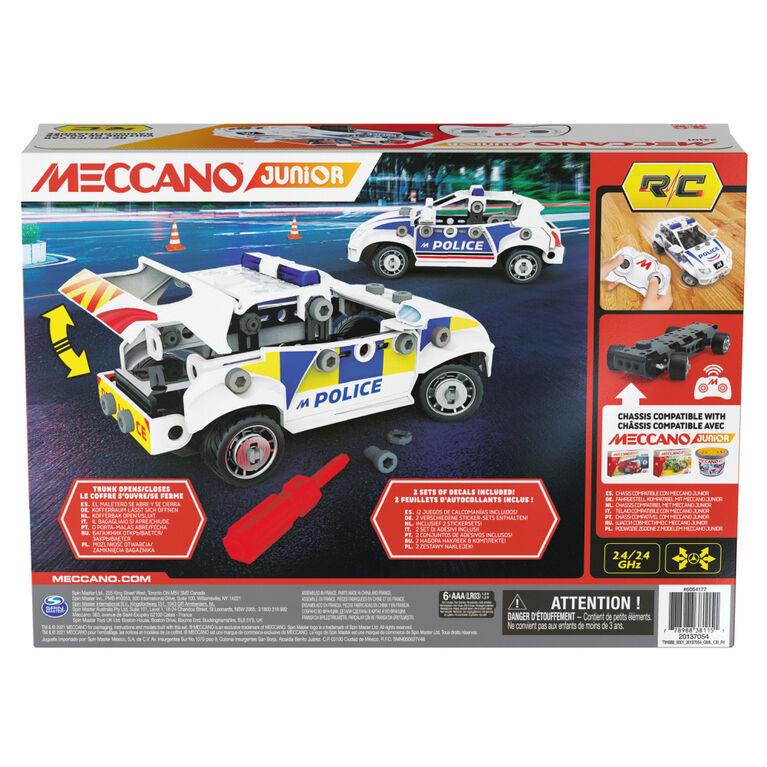 Meccano Junior, Voiture de police radiocommandée avec coffre fonctionnel et  vrais outils, Kit de construction de petit véhicule