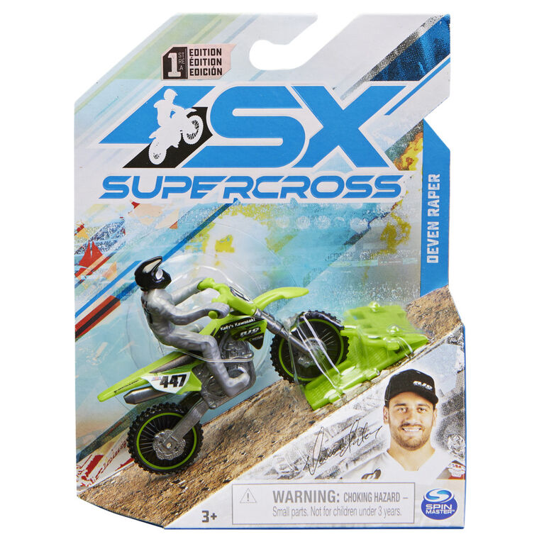 Supercross, Moto authentique de Devon Raper en métal moulé à l'échelle 1:24 avec figurine motocycliste, pour les enfants et les collectionneurs à partir de 3 ans