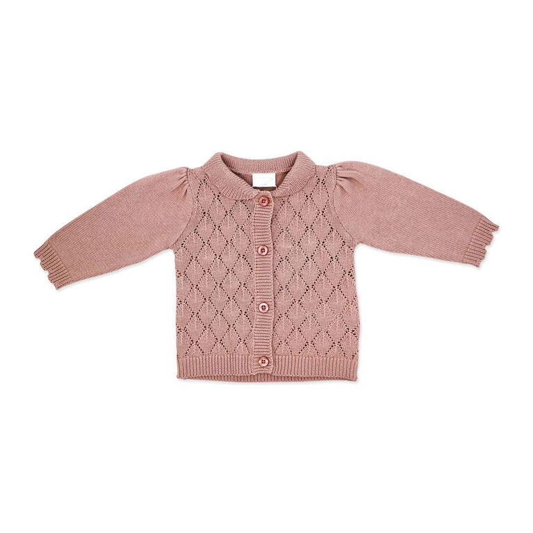 Rock a Bye Baby Cardigan en tricot rose avec col à volants et pantalon