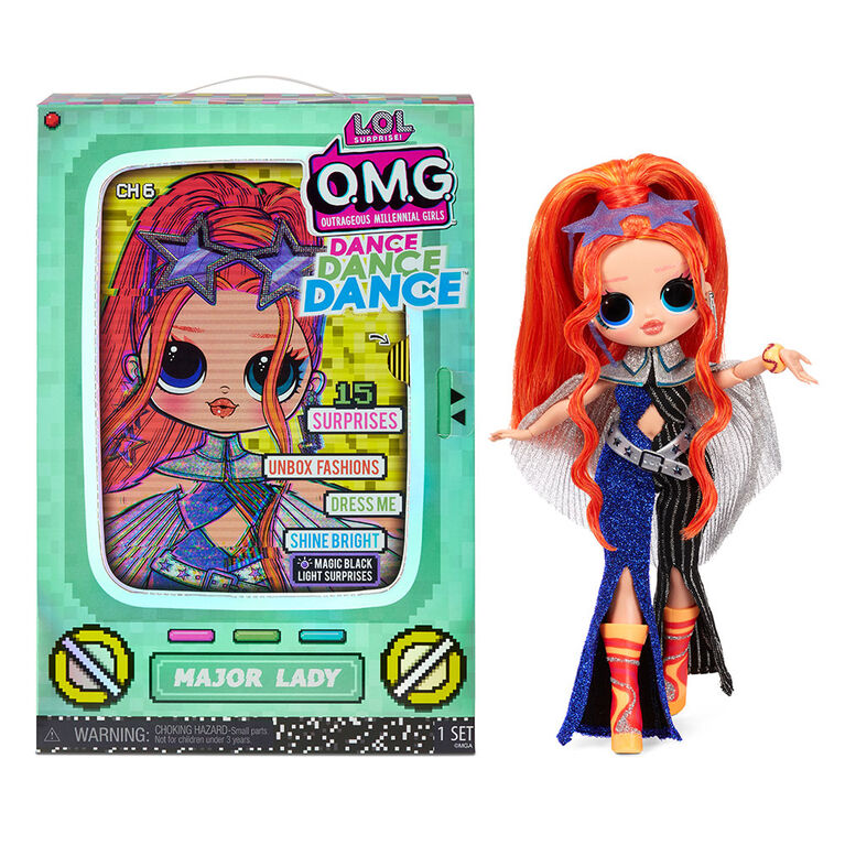 LOL Surprise OMG Dance Dance Dance Major Lady Fashion Doll with 15 Surprises Including Magic Blacklight, Shoes, Hair Brush, Doll Stand and TV Package