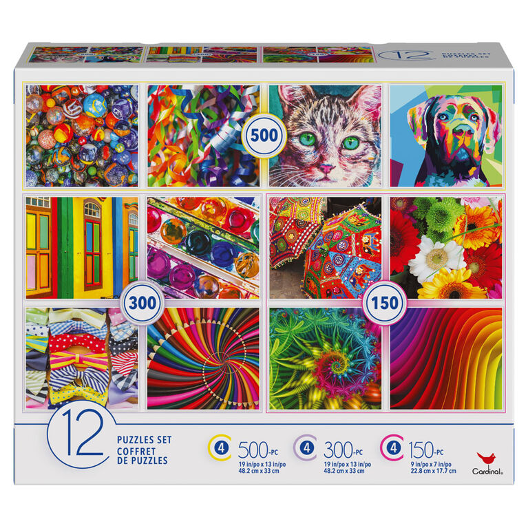 Coffret familial de 12 puzzles, images colorées
