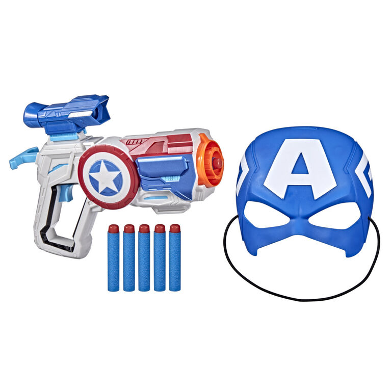 Marvel Avengers, blaster et masque de Captain America, inclut blaster, 6 fléchettes et masque de Captain America, dès 5 ans