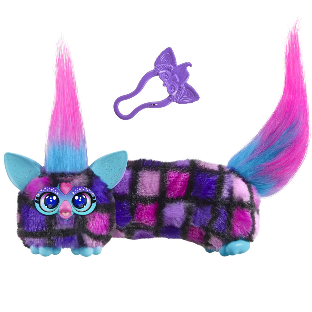 Furby DJ Furblets Dis-Co-Dazz Mini Electronic Plush Toy with Funny Stretchable Sound Effects & Music, Speaks Furbish, Pink, Purple, & Black